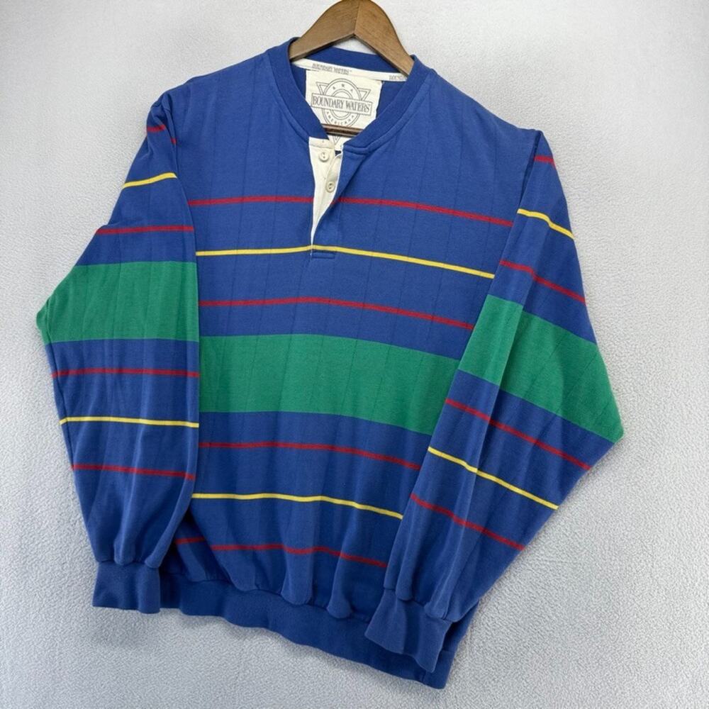 Vintage Boundary Waters Sweatshirt men's Large Blue Colorful rainbow Striped 90s